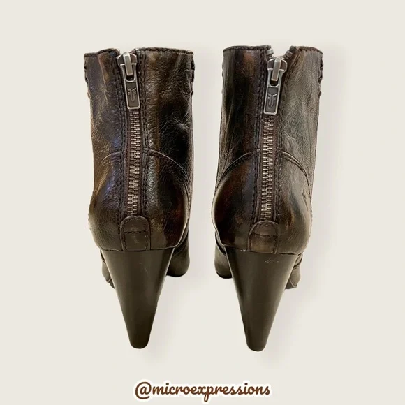 $349 Frye Regina Distressed Brown Real Leather Heeled Southern Ankle Booties - Picture 4 of 7